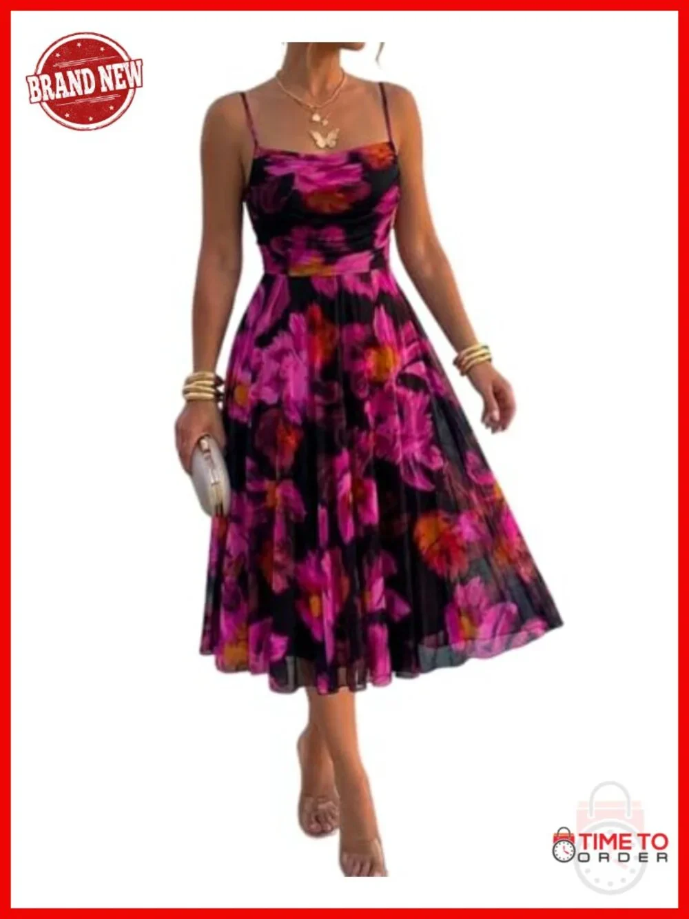 CHICME Floral Mesh Midi Dress Cowl Neck Sleeveless Cocktail Summer